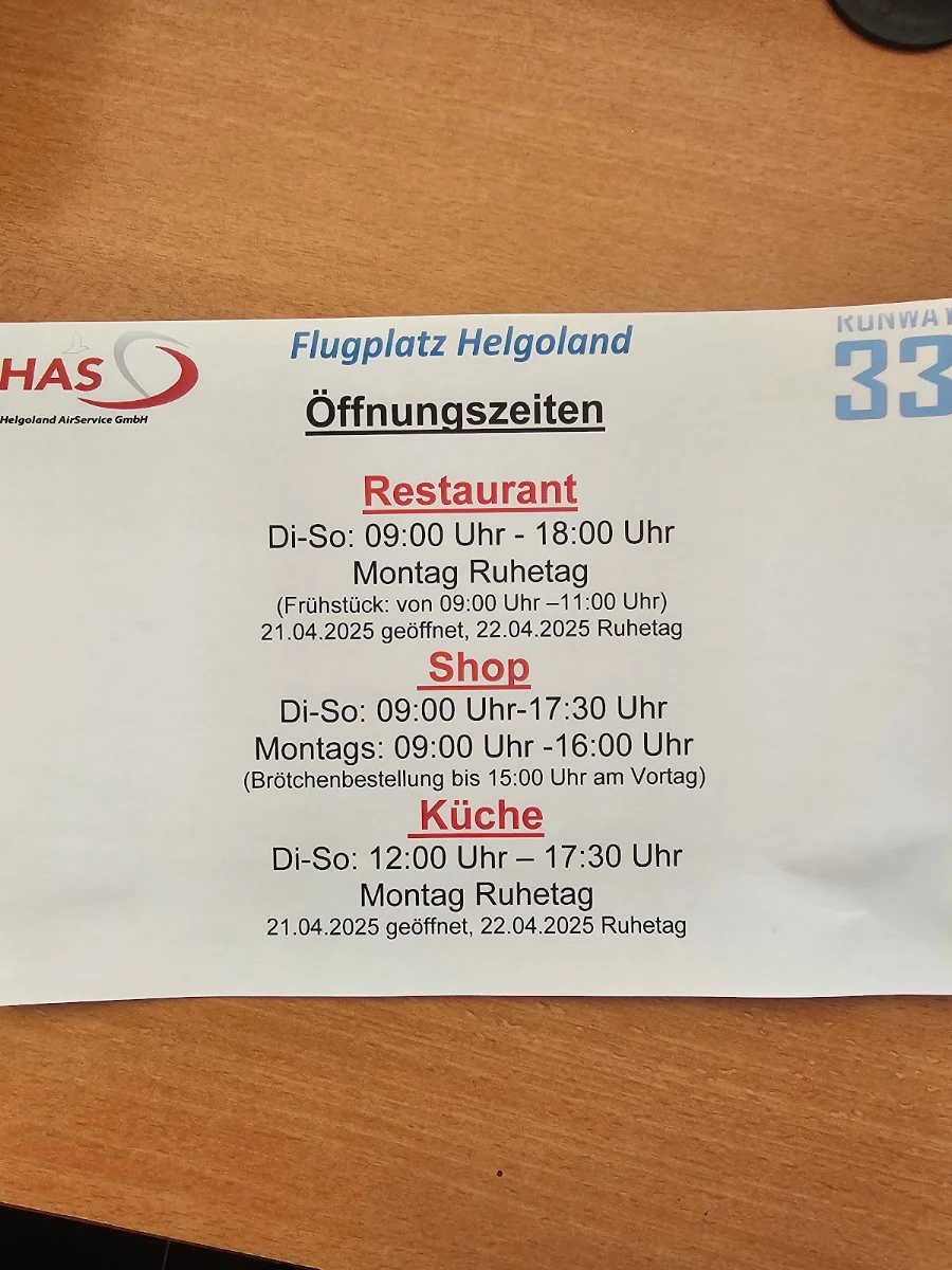 Speisekarte, Runway 33 Flugplatzrestaurant