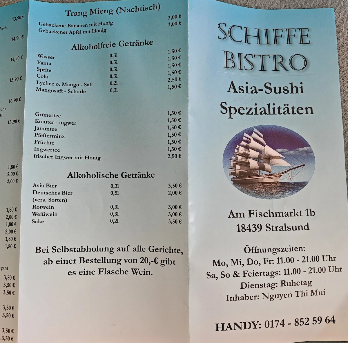 Speisekarte, Schiffe Bistro