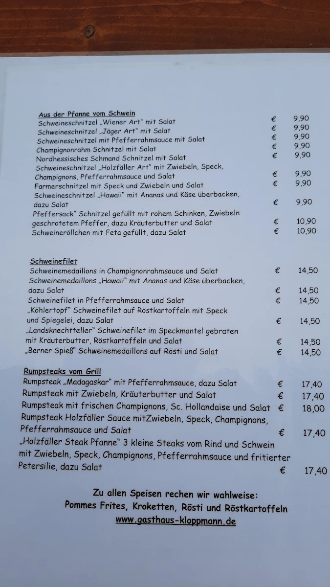 Speisekarte, Gasthaus Kloppmann