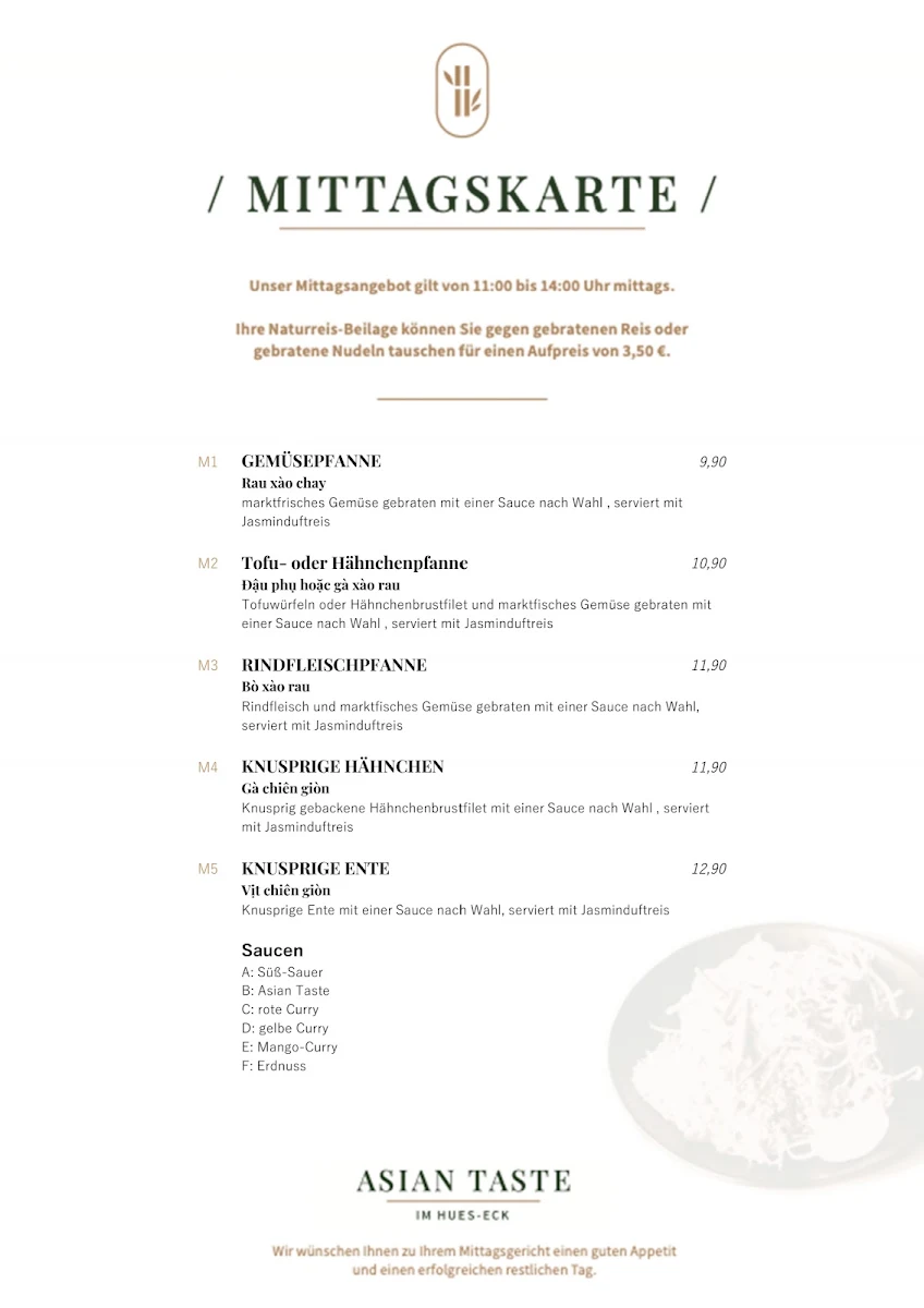 Speisekarte, Alt - Hues-Ecke Neu - Asian Taste im Hues-Eck