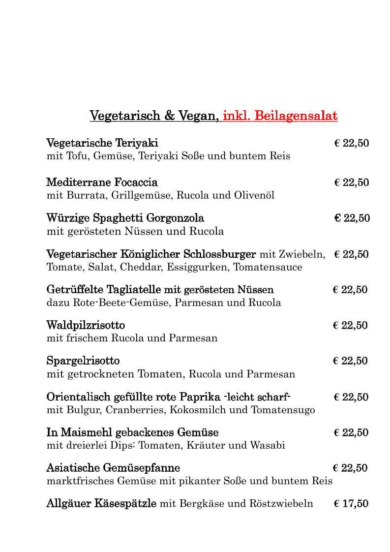 Speisekarte, Restaurant ANNO 1460 Weißenhorn