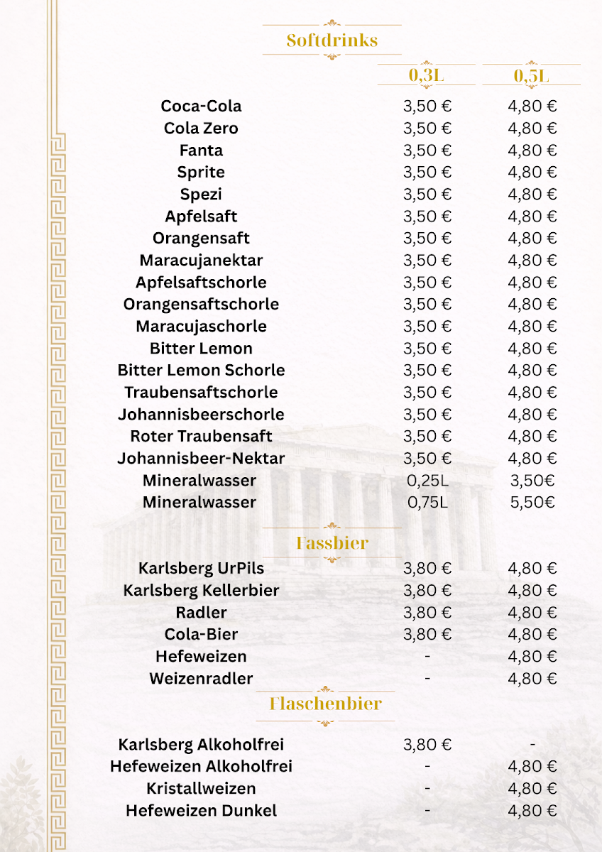 Speisekarte, Restaurant Athen