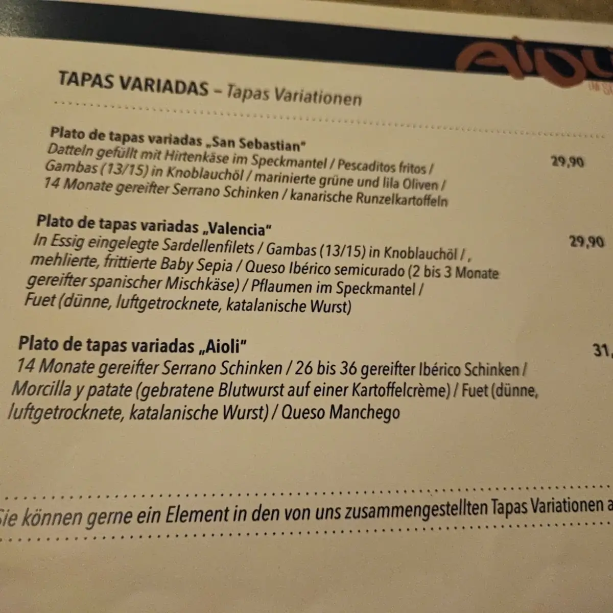 Speisekarte, Aioli im Schnoor