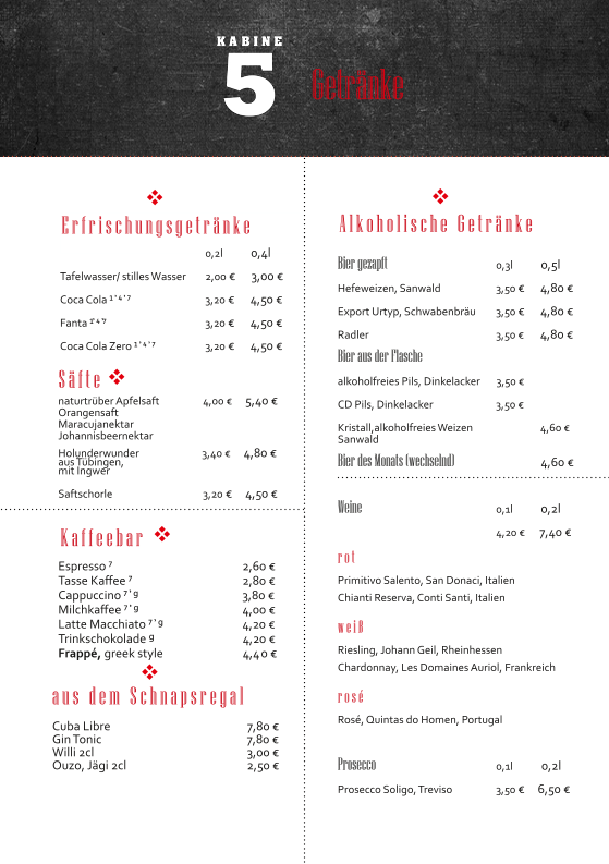 Speisekarte, Kabine5