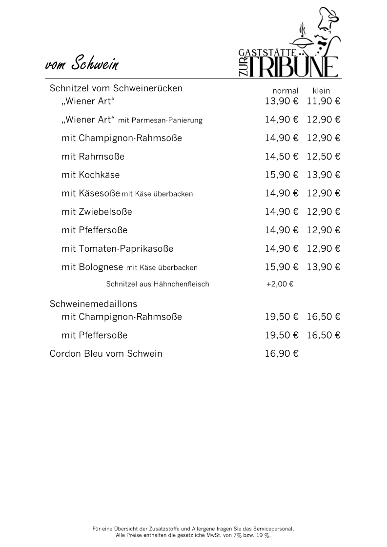 Speisekarte, Gaststätte Zur Tribüne