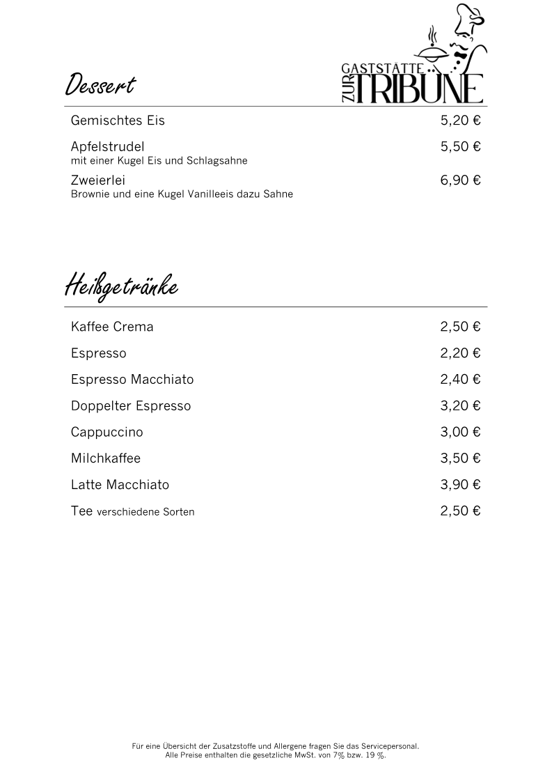 Speisekarte, Gaststätte Zur Tribüne