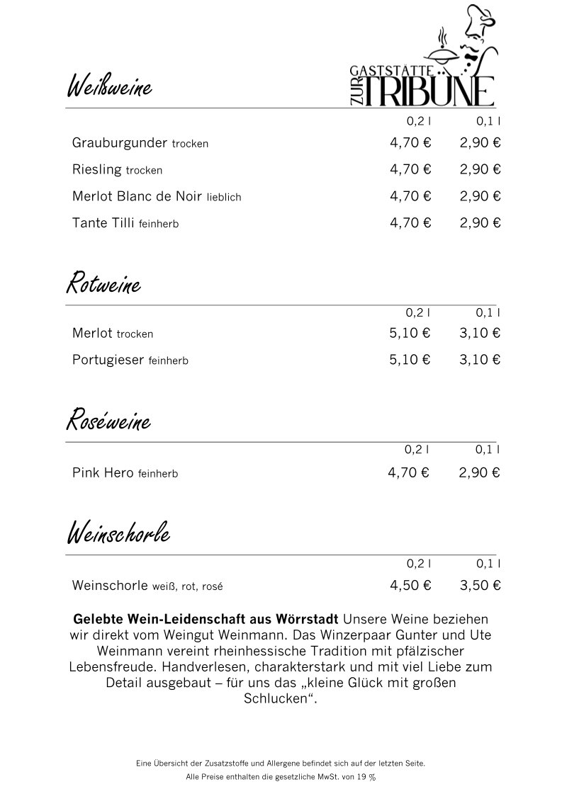 Speisekarte, Gaststätte Zur Tribüne