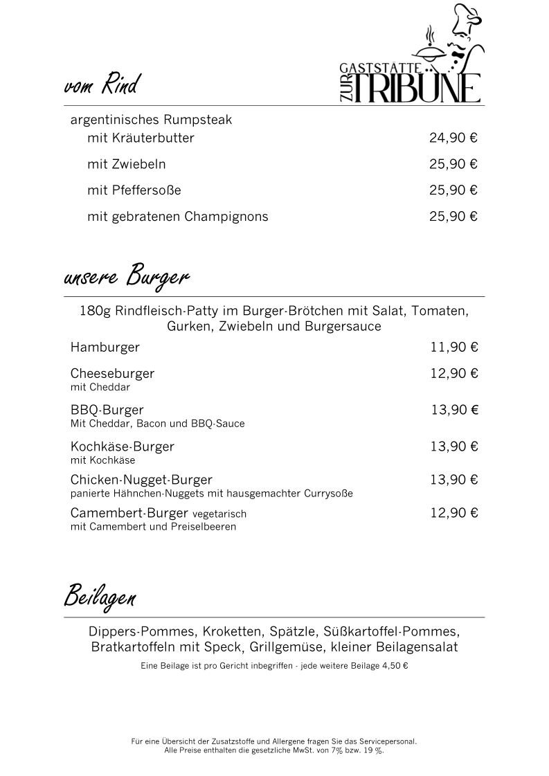 Speisekarte, Gaststätte Zur Tribüne