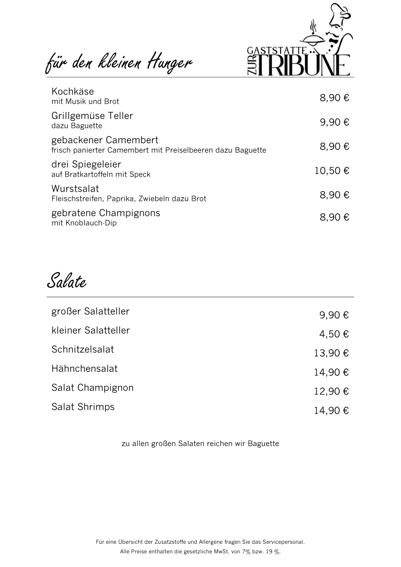 Speisekarte, Gaststätte Zur Tribüne