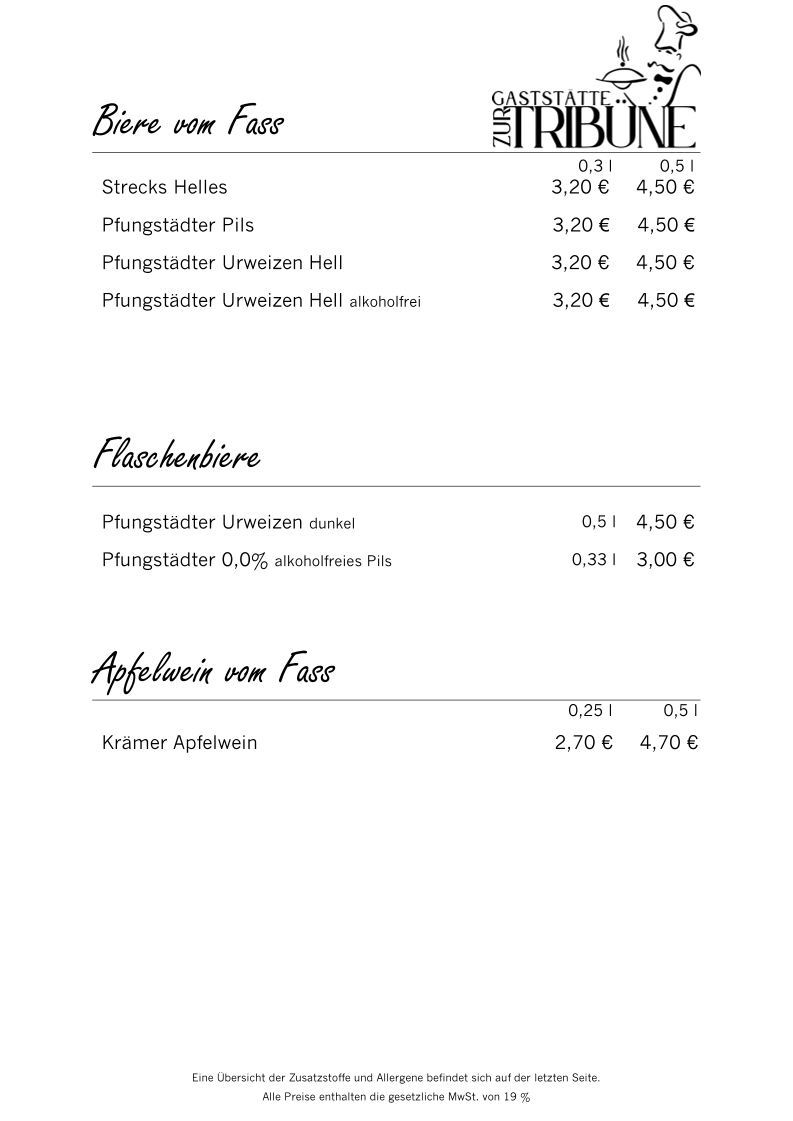 Speisekarte, Gaststätte Zur Tribüne