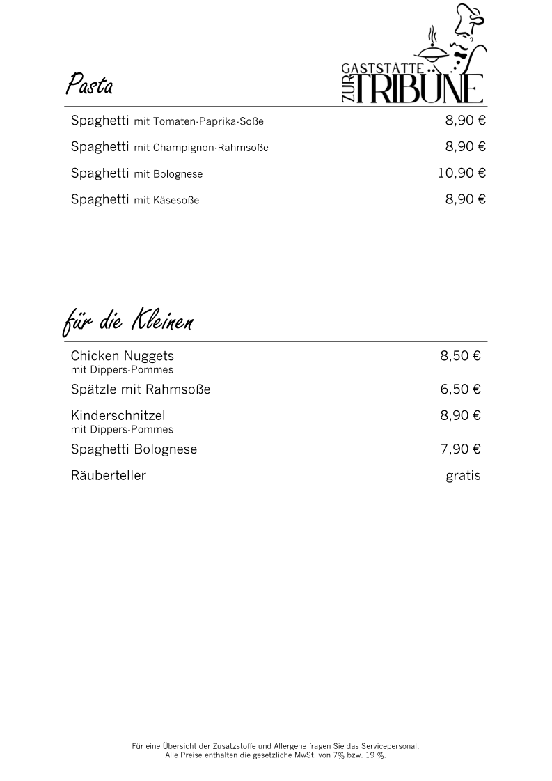 Speisekarte, Gaststätte Zur Tribüne