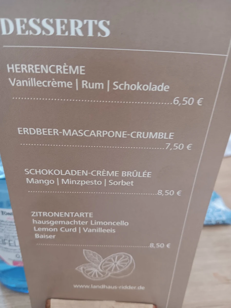 Speisekarte, Landhaus Ridder GmbH