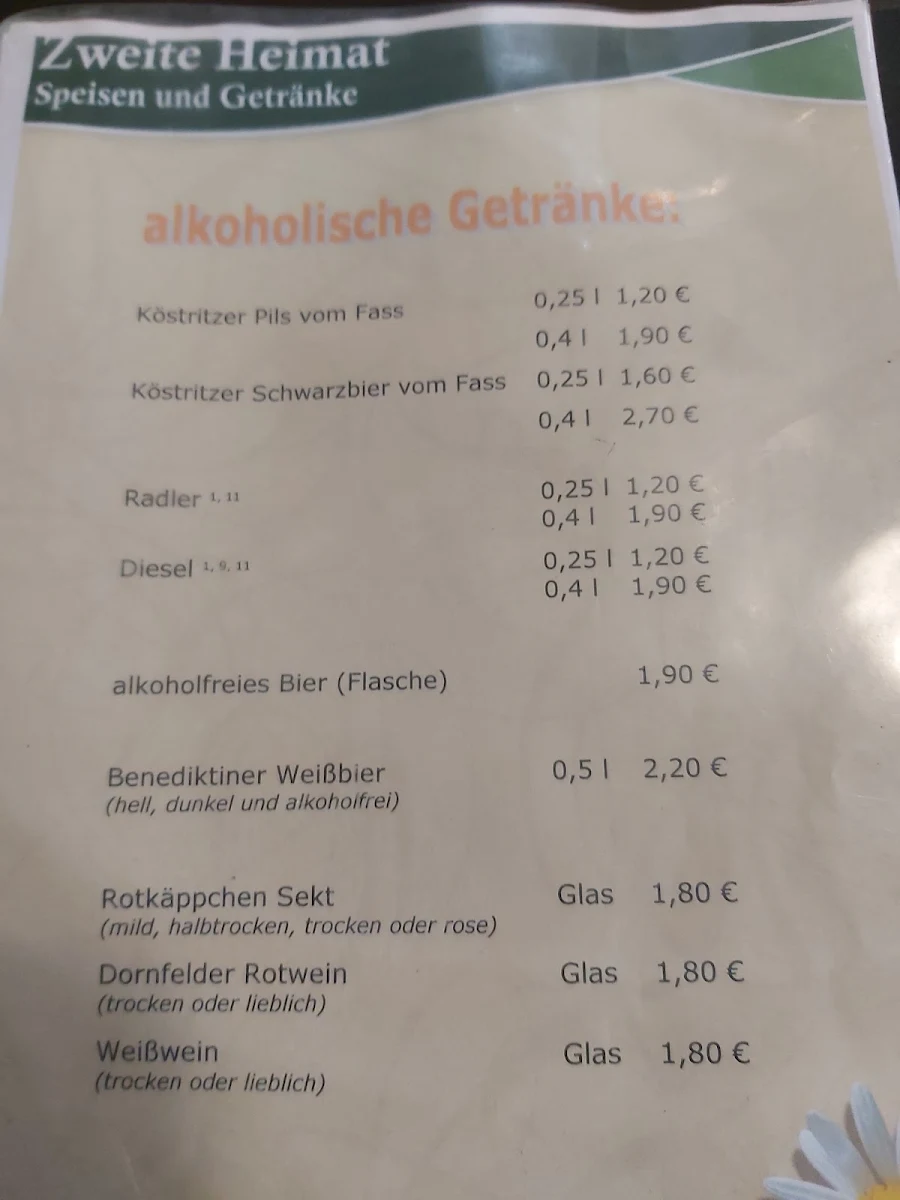 Speisekarte, Gaststätte Zweite Heimat