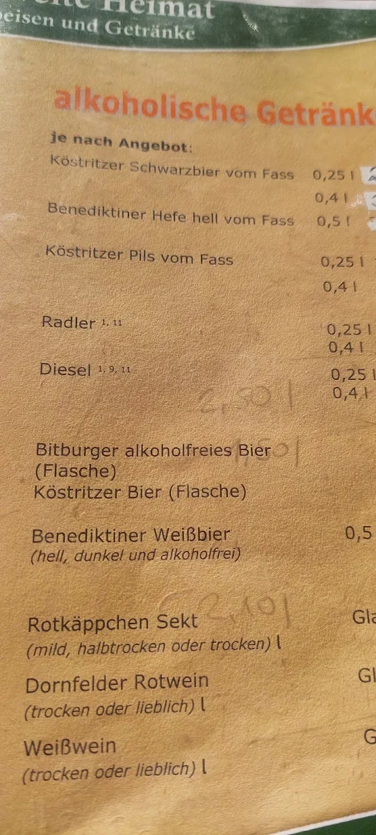 Speisekarte, Gaststätte Zweite Heimat