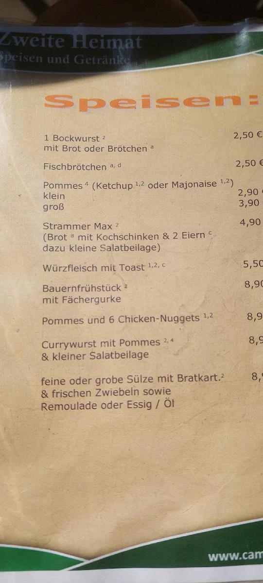 Speisekarte, Gaststätte Zweite Heimat