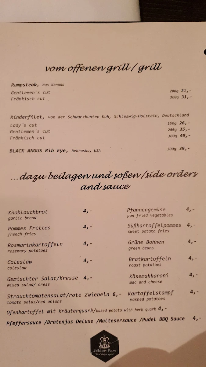Speisekarte, Goldener Pudel