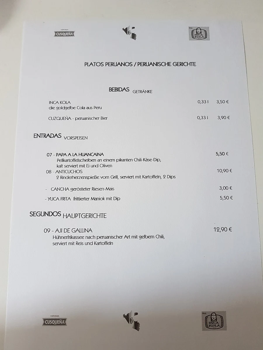 Speisekarte, Paracas I GmbH