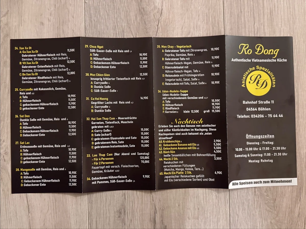 Speisekarte, Ro Dong Restaurant