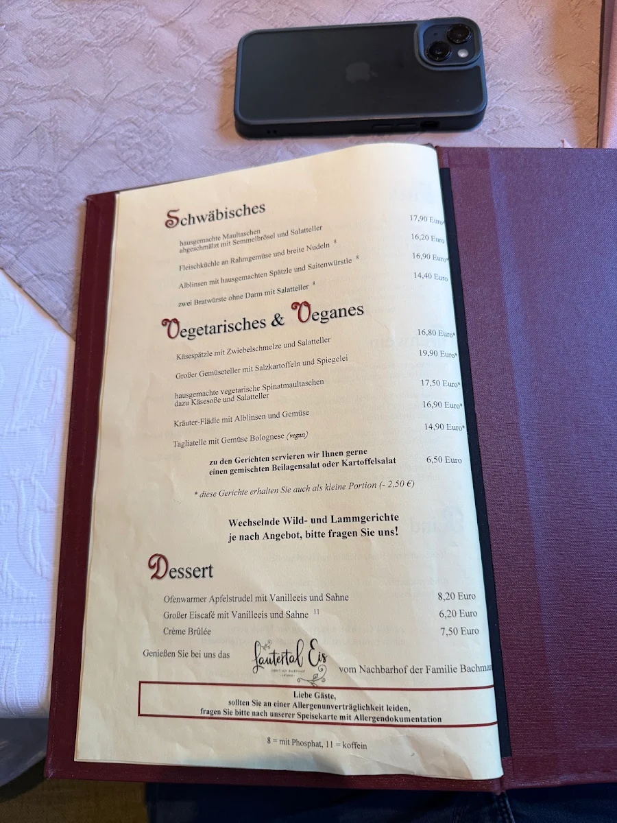 Speisekarte, Flair Hotel Gasthof Hirsch