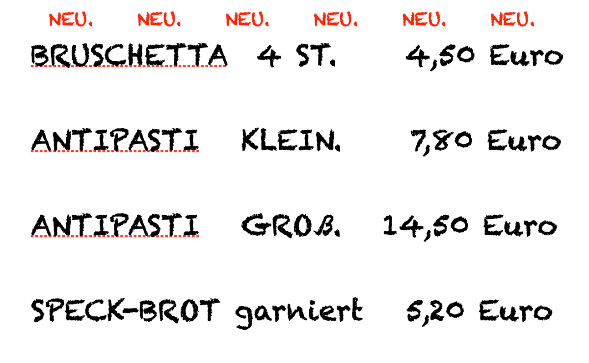 Speisekarte, Wally’s Bistro Café