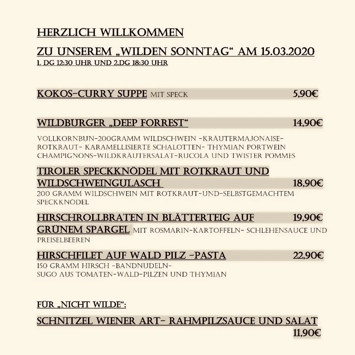 Speisekarte, Gaststätte Zur Linde Siegbach