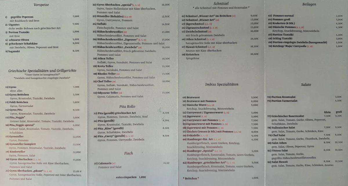 Speisekarte, Athen Grill im Hohenzollerngarten