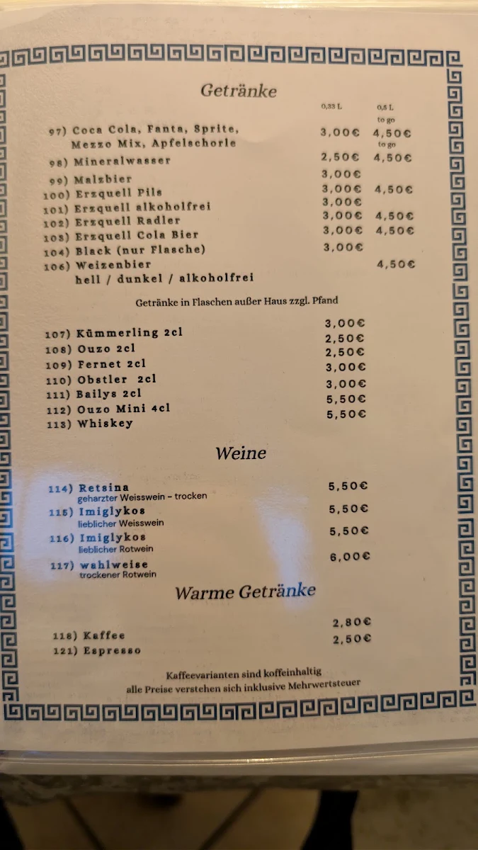 Speisekarte, Athen Grill im Hohenzollerngarten