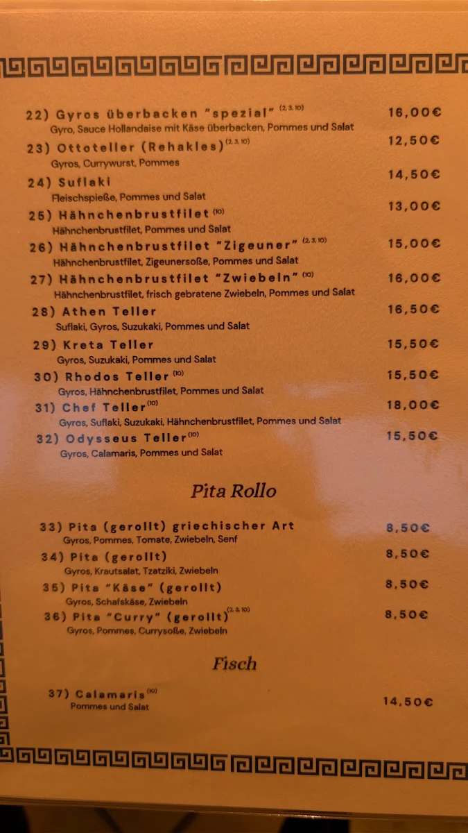 Speisekarte, Athen Grill im Hohenzollerngarten