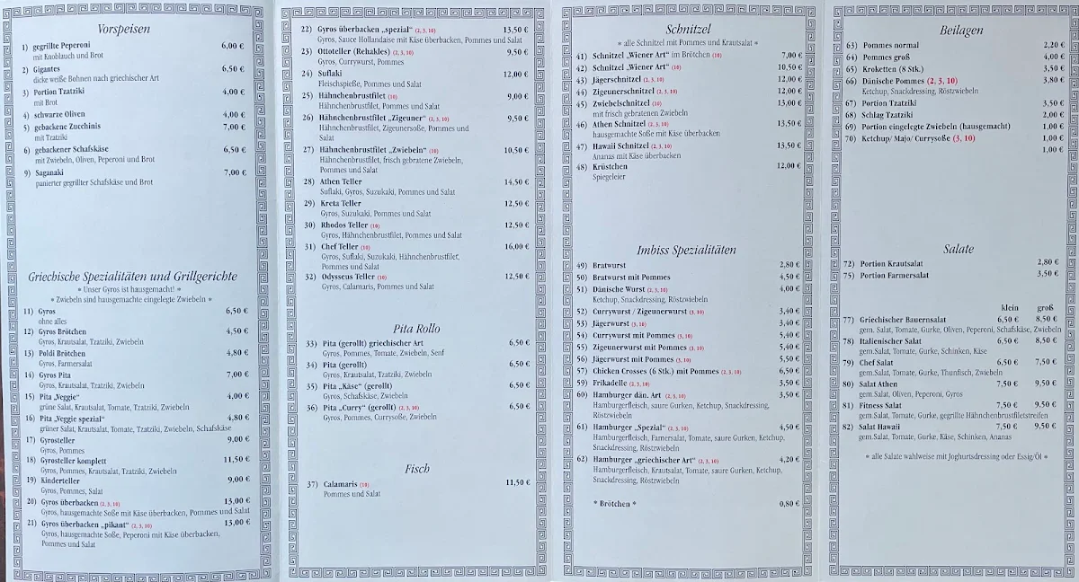 Speisekarte, Athen Grill im Hohenzollerngarten