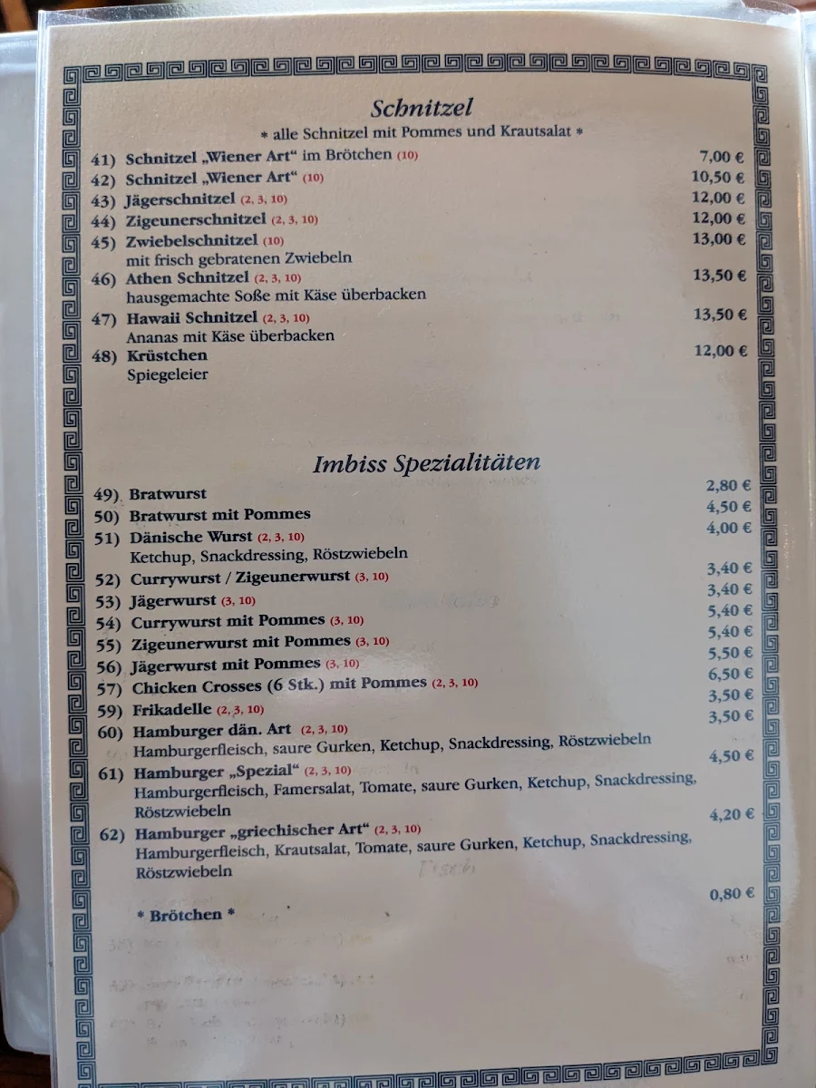 Speisekarte, Athen Grill im Hohenzollerngarten