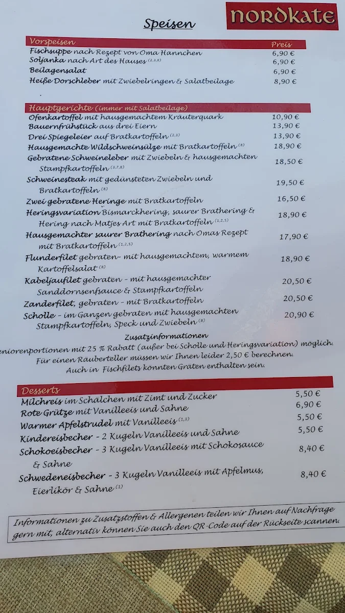 Speisekarte, Nordkate