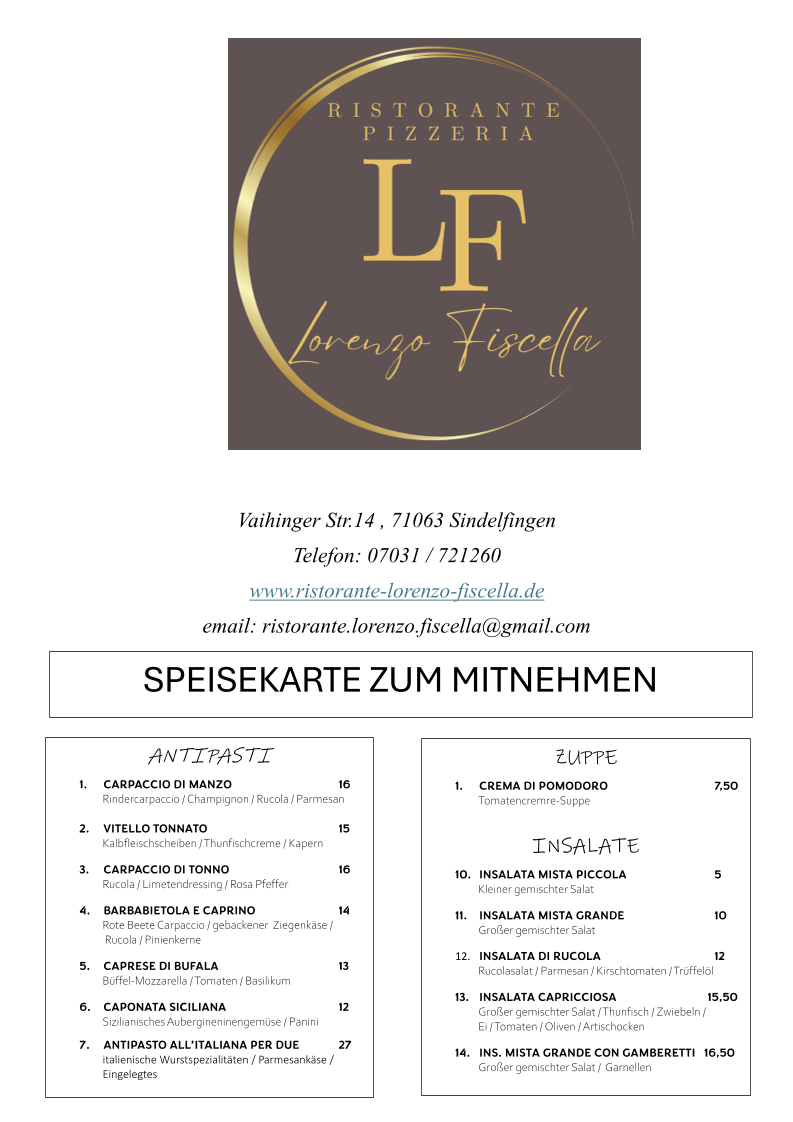 Speisekarte, Ristorante & Pizzeria Lorenzo Fiscella