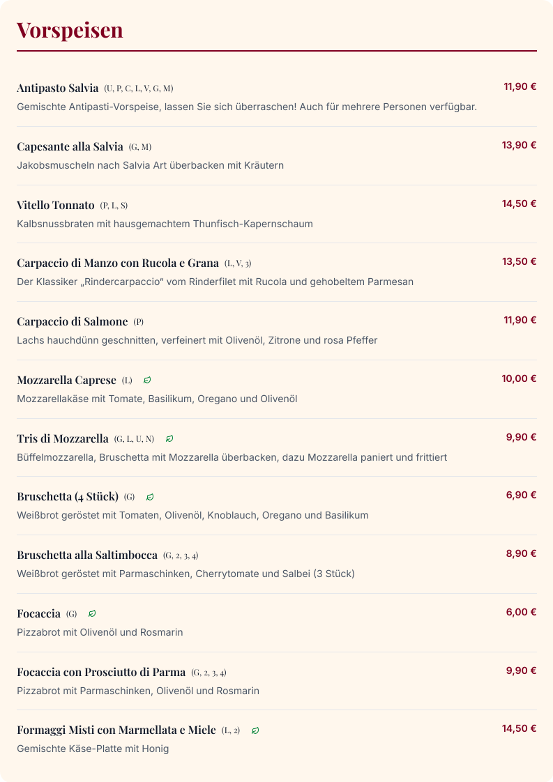 Speisekarte, Ristorante Salvia