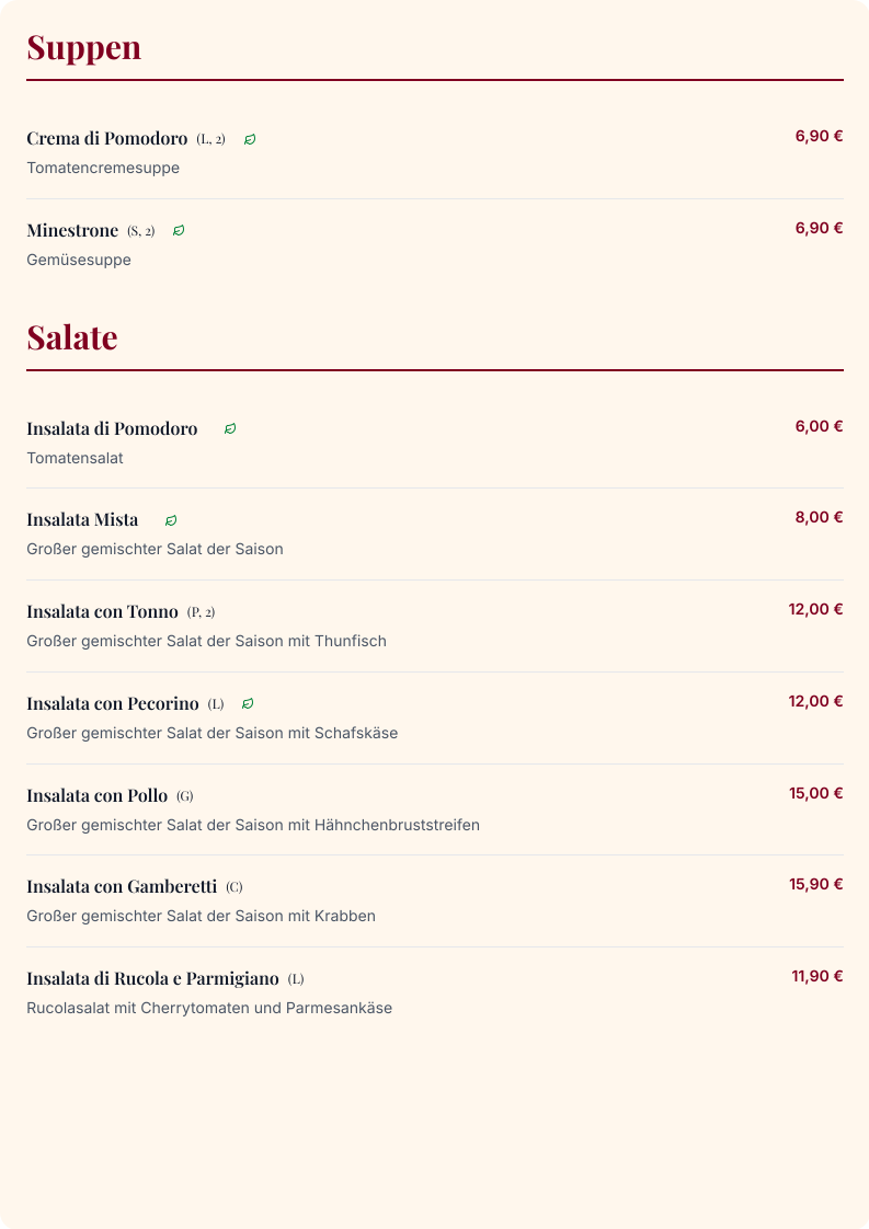 Speisekarte, Ristorante Salvia