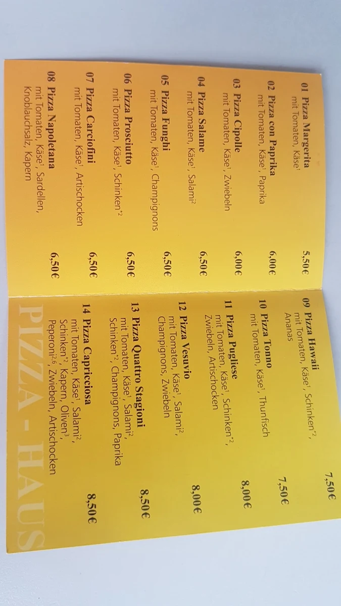 Speisekarte, Pizza-Haus