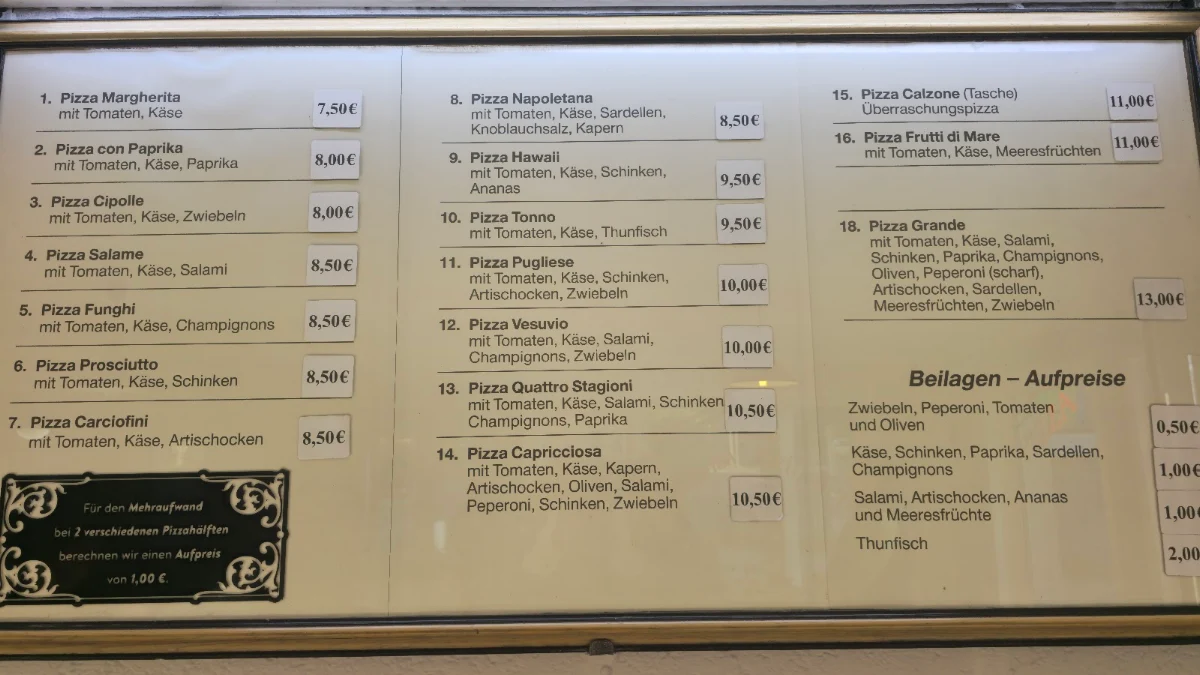 Speisekarte, Pizza-Haus