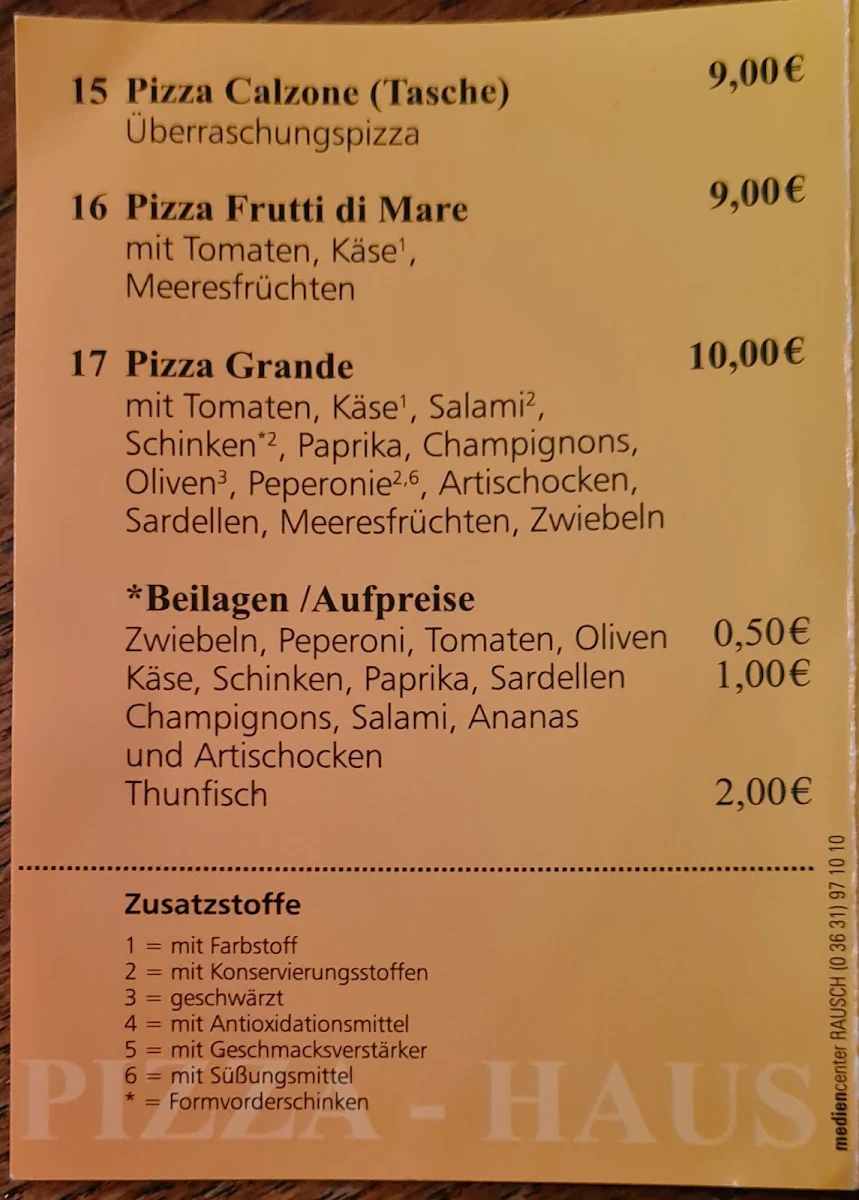 Speisekarte, Pizza-Haus