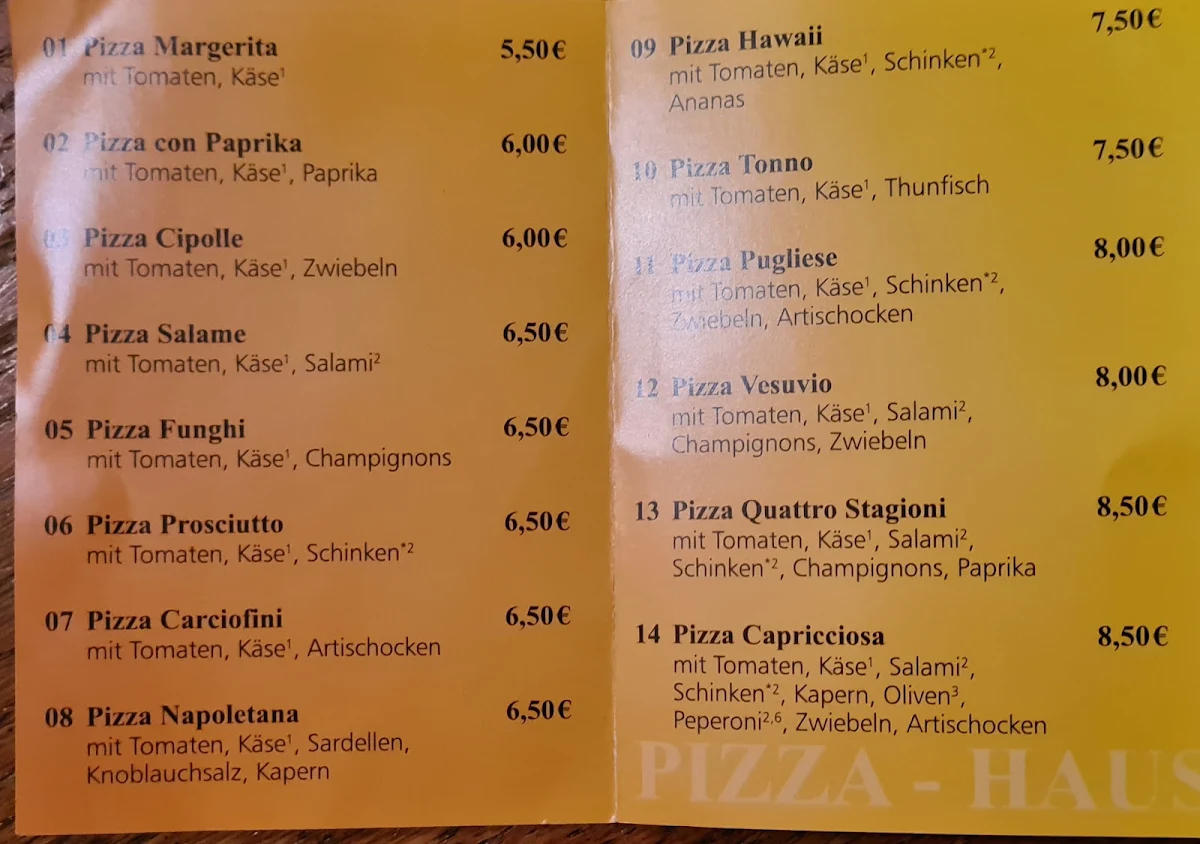 Speisekarte, Pizza-Haus