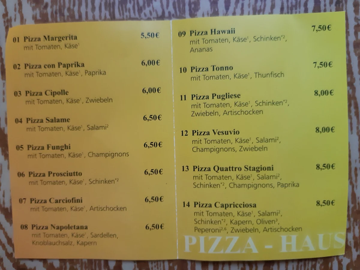 Speisekarte, Pizza-Haus