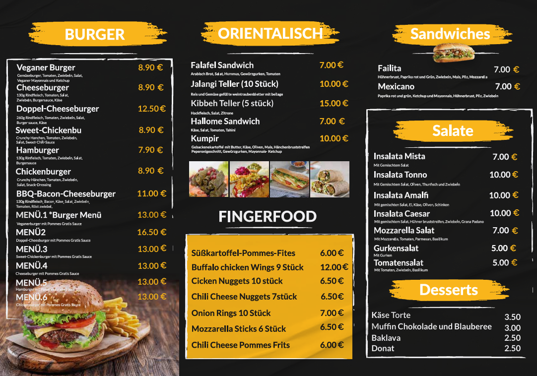Speisekarte, Tanja Pizza & Burger