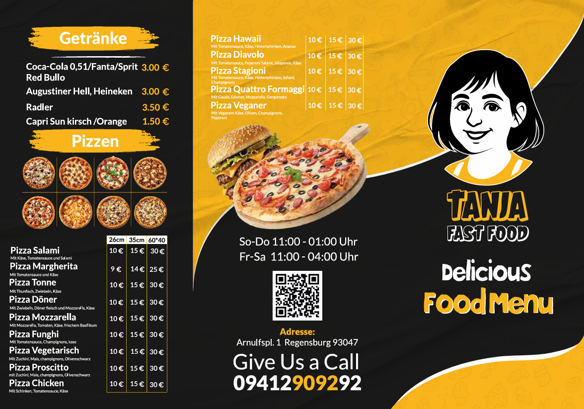Speisekarte, Tanja Pizza & Burger