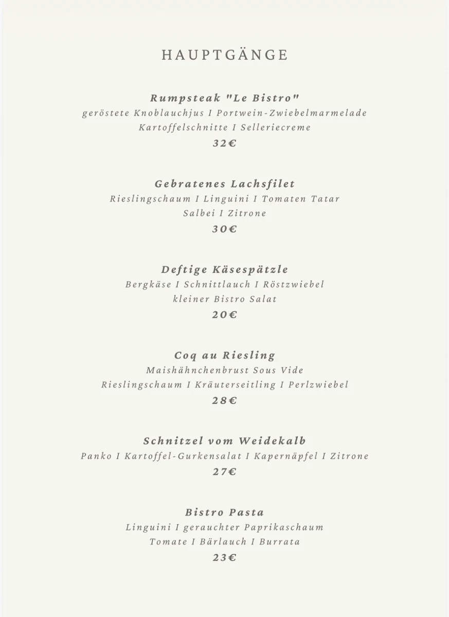 Speisekarte, Le Bistro