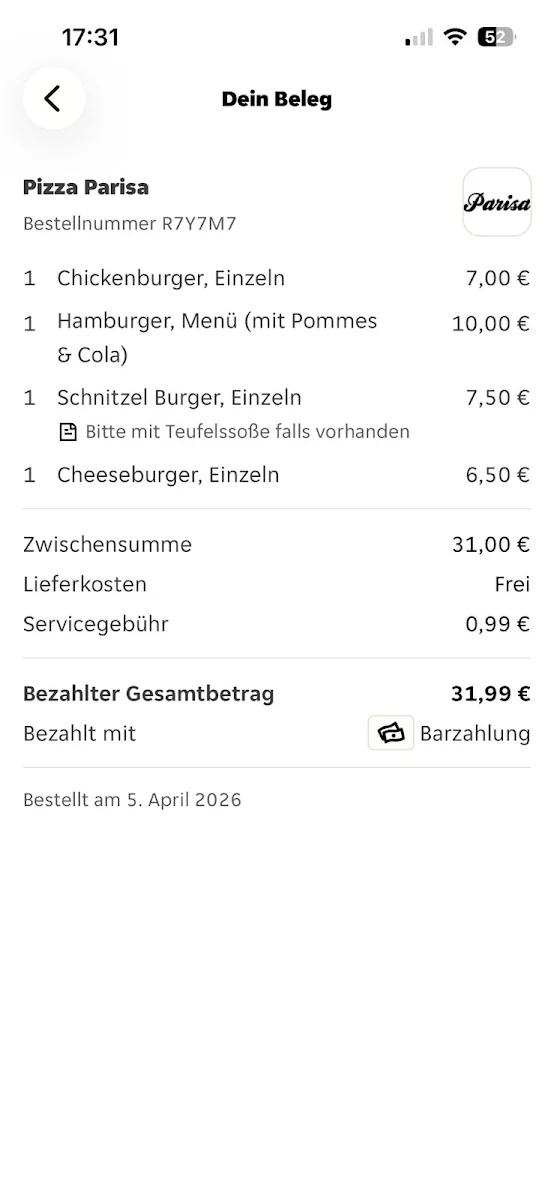 Speisekarte, Pizza Parisa