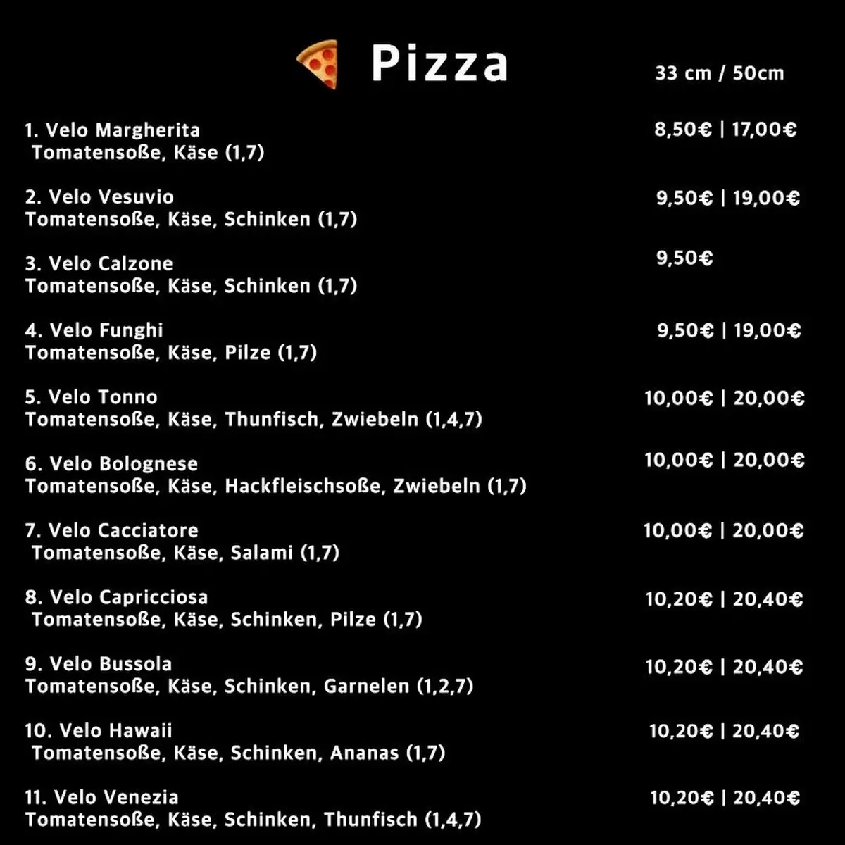 Speisekarte, Velo Pizza