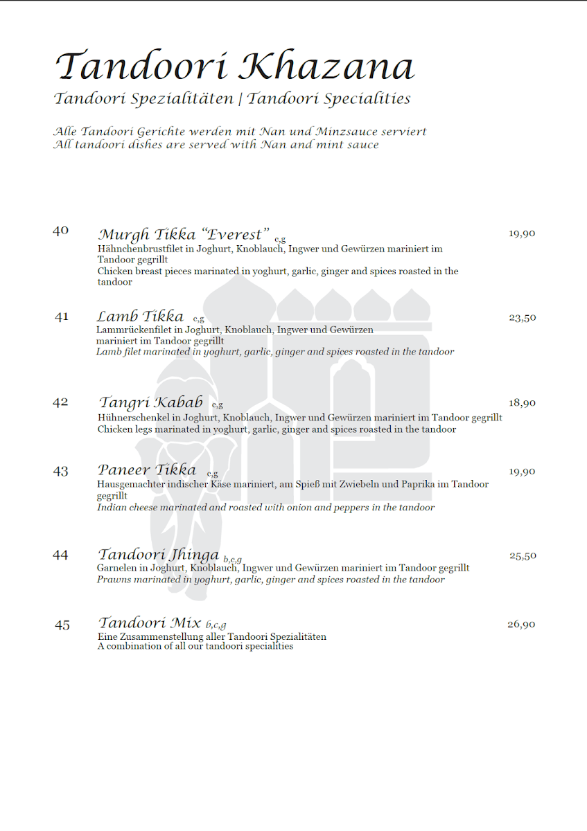 Speisekarte, Indian Palace Heidelberg