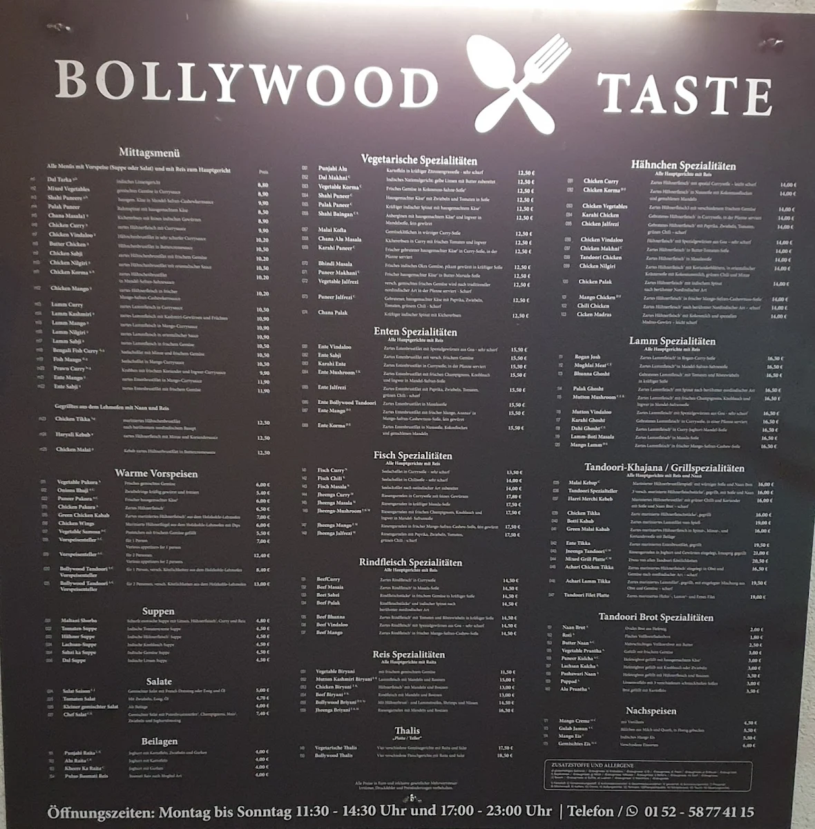 Speisekarte, Bollywood Taste