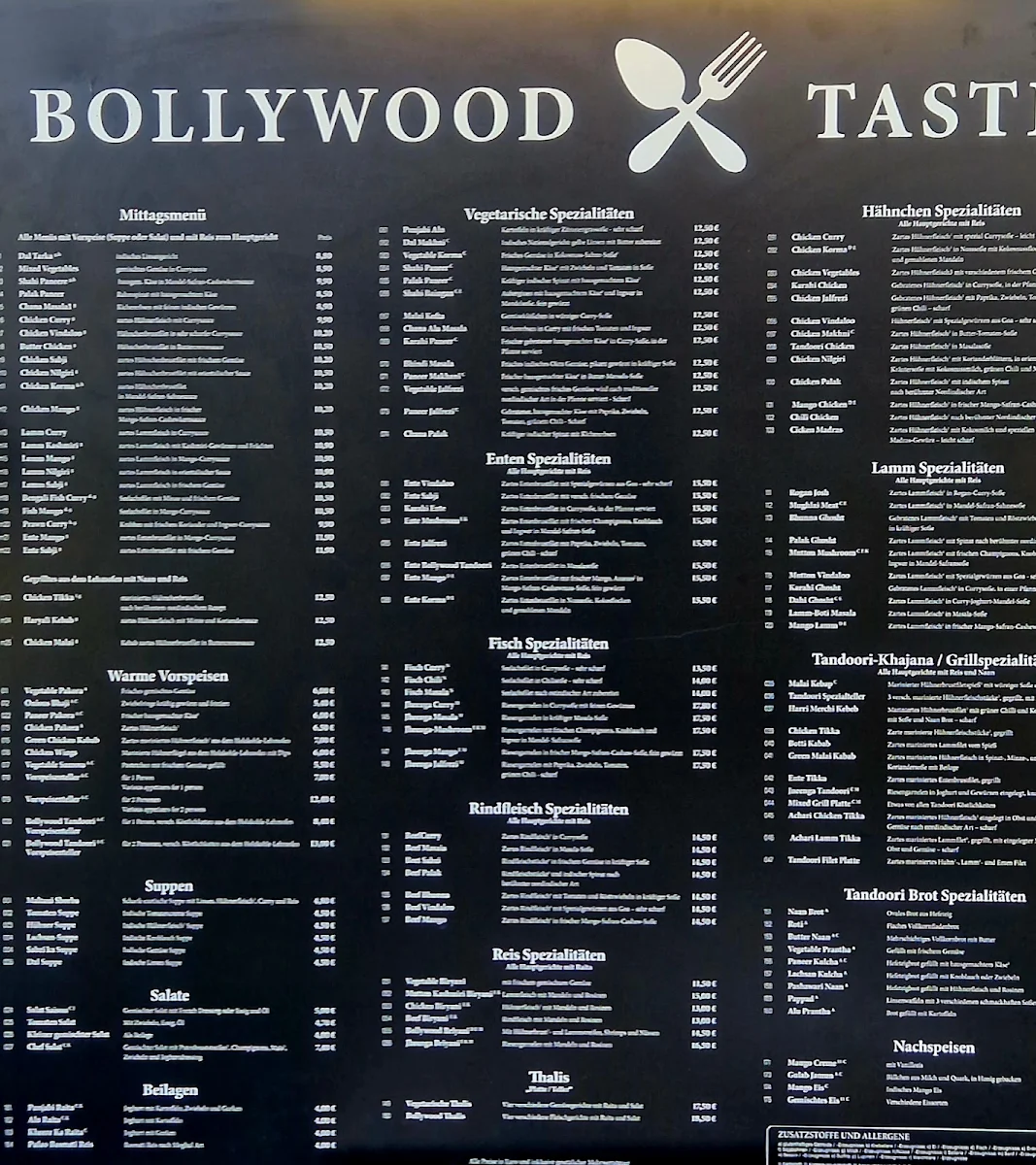 Speisekarte, Bollywood Taste