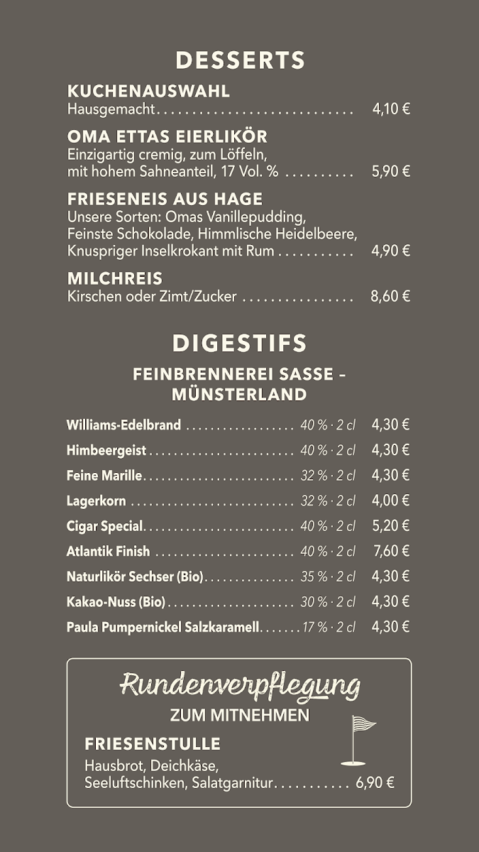 Speisekarte, Schatthaus Bistro Lütetsburg