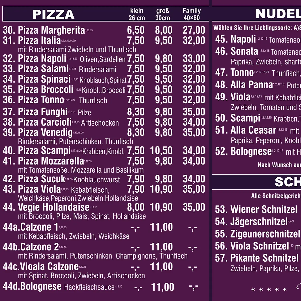 Speisekarte, Viola Pizzeria