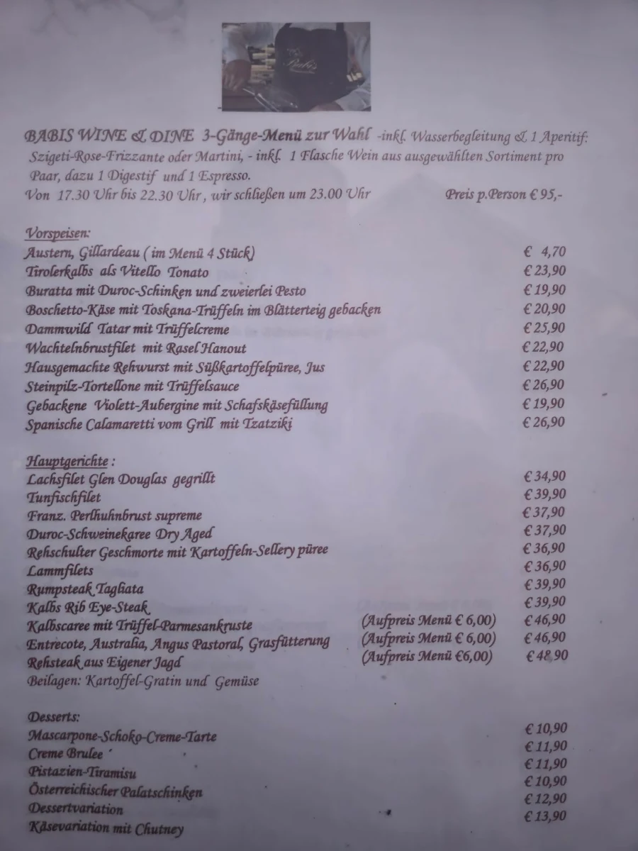 Speisekarte, BABIS WINE & DINE